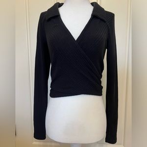NWT Abercrombie & Fitch Black, Ribbed, Criss-Cross, Collared, Long Sleeve Top